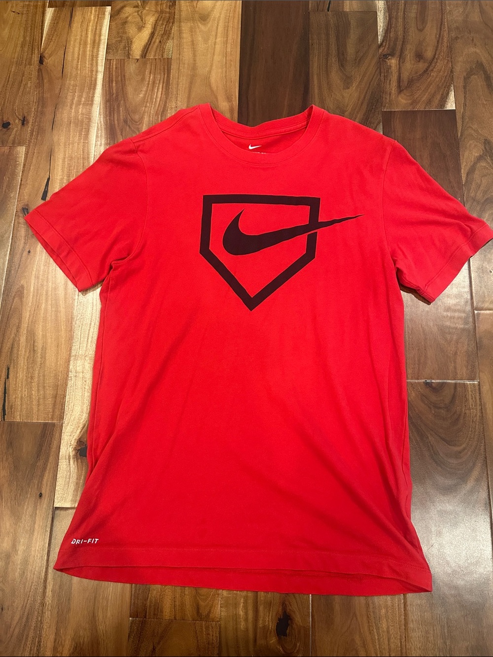 Nike Red Short-Sleeve Dri-FIT Logo Baseball Tee with Black Swoosh Shield